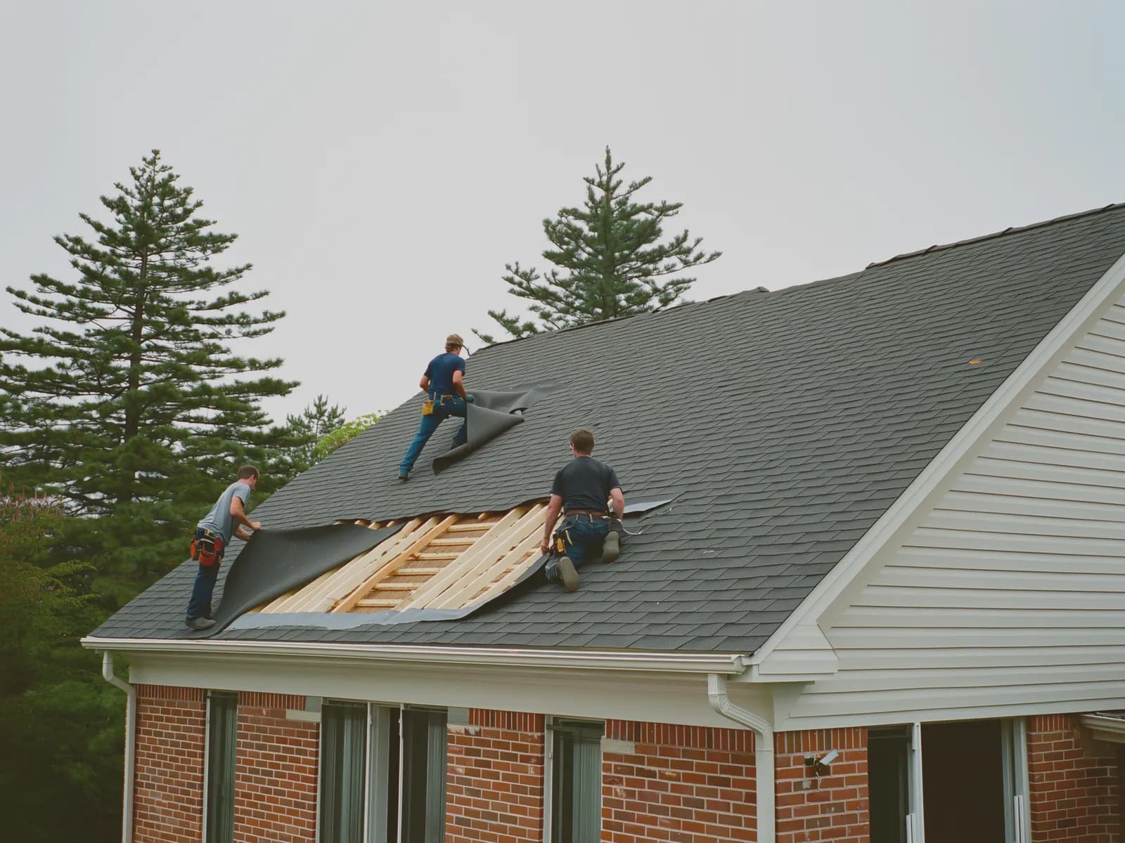 A roofing crew on a suburban roof in the middle of a tear-off