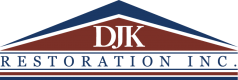 A red and blue logo for the dkr restoration.